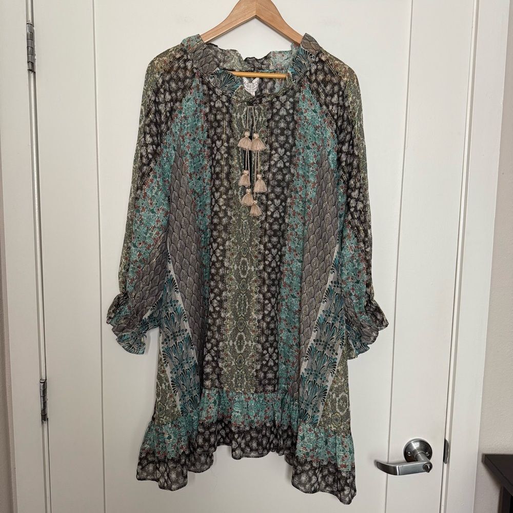 Rachel Zoe Lexi Peasant Top Sz 2 Stripe Print Long Sleeve Tassels Flowy Boho